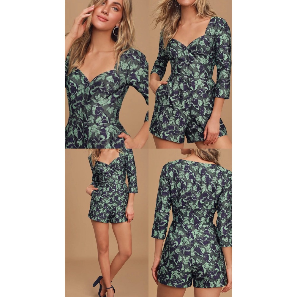 Lulus Navy Blue Green Floral Jacquard Romper Sweetheart Neck 3/4 Sleeve Small